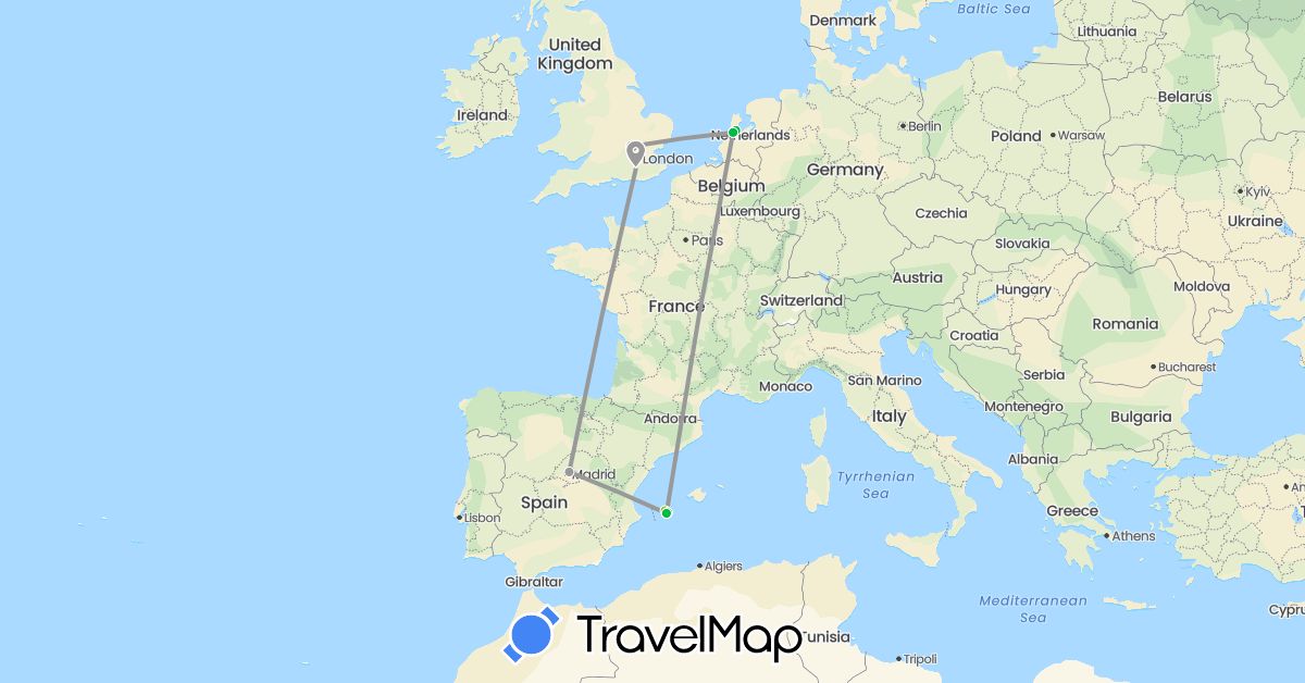 TravelMap itinerary: driving, bus, plane, electric vehicle in Spain, United Kingdom, Netherlands (Europe)